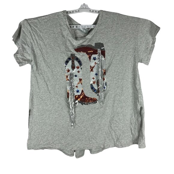 Blue b Collection Womens Heather Grey Tee Sequin Cowboy Boot Design & Fringe M - Picture 1 of 7